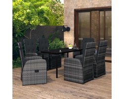 The Living Store Tuinmeubelset - grijs en zwart - PE-rattan - gepoedercoat staal en glas - 140 x 70 x 74 cm (L x B x H) - 57 x 73 x 105 cm (B x D x H) - verstelbare rugleuning en voetensteun - Montage vereist - The Living Store