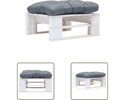 The Living Store Tuinpoef met grijs kussen pallet hout wit - Tuinstoel - Lounge Stoel - Pallets Bank - Buitentijd - Relaxen