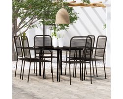 The Living Store Tuinset - Eetmeubelset - 140 x 70 x 74 cm - Zwart - Gepoedercoat staal en glas - 6 stoelen - Katoenen touw en staal