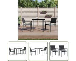 The Living Store Tuinset - PE-rattan - Zwarte Eetkamerstoelen - Gehard glazen tafel - Lichtgrijze kussens - 2 Stoelen - 80 x 80 x 74 cm - 51 x 47 x 3.5 cm - The Living Store