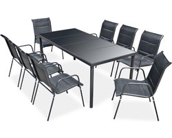 The Living Store Tuinset - Tafel met glazen tafelblad en 8 textileen stoelen - 190 x 90 x 74 cm - Zwart