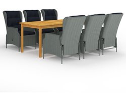 The Living Store Tuinset Weber - Tafel 200x90x74cm - Stoel 57x88x100cm - Lichtgrijs - Zwart kussen - PE-rattan - Gepoedercoat staal - Montage vereist