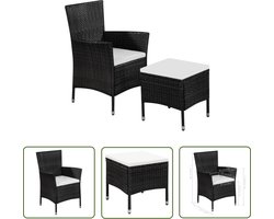 The Living Store Tuinstoel en kruk met kussens poly rattan zwart - Tuinstoel - Tuintafel - Buitentijd - Lounge Meubilair - Outdoor Furniture