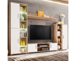 The Living Store Tv-wandmeubel met LED-verlichting Sonoma eiken en wit - Tv-meubel - Wandmeubel - Houtsoort - Livingroom Furniture - Design Kast