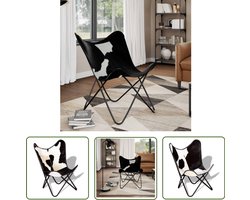 The Living Store Vlinderstoel echt rundleer zwart en wit - Vlinderstoel - Vintage Stoel - Lederen Stoel - Lounge Stoel - Relaxfauteuil