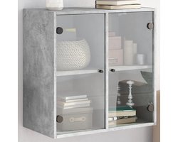 The Living Store Wandkast met glazen deuren 68x37x68,5 cm betongrijs - Hangkast - Wandkast - Opbergkast - Houten Kast - Grijze Kast
