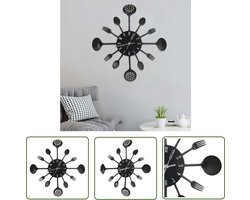 The Living Store Wandklok lepel-en-vork 40 cm aluminium zwart - Keukenklok - Wandklok - Aluminium Klok - Zwarte Klok - Deco Klokken