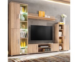 The Living Store Wandmeubel - 2 zijkasten in verschillende afmetingen - 1 tv-kast - 1 wandplank - Sonoma eiken - LED-verlichting