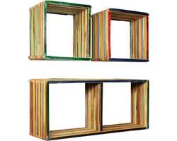 The Living Store Wandschappenset massief gerecycled teakhout meerkleurig 3-delig - Wandplank - Houten Plank - Vintage Plank - Badkamerkast - Woonkamerdecoratie