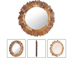 The Living Store Wandspiegel rond 60 cm teakhout - Tea Khoutspiegel - Vintage Spiegel - Wandspiegel - Ovale Spiegel - Houten Spiegel