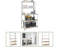 The Living Store Werktafel 5-laags met schappen staal & bewerkt hout zilverkleur - Werktafel - Industriele Tafel - Metalen Kast - Opslagkast - Stelling