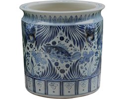 The Ming Garden Collection | Chinees Porselein | Chinese Vaas | Grote Porseleinen Bloempot Met Vissen | Blauw & Wit