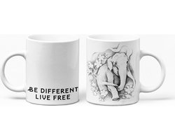 The Mokken Boutique - Een Mok voor Vaderdag - Een unieke mok in zwart-wit: "Be Different - Live Free"