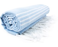 The One Towelling Hamam Sultan handdoek - 100 x 180 cm - Sauna Handdoek - Hamamdoek strandlaken - 100% katoen - Lichtblauw/Wit