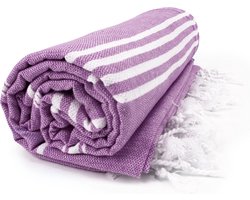The One Towelling Hamam Sultan handdoek - 100 x 180 cm - Sauna Handdoek - Hamamdoek strandlaken - 100% katoen - Paars/Wit