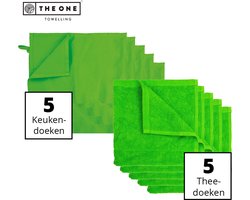 The One Towelling Keukentextiel set - 50 x 50 cm / 50 x 70 cm - 10 Delig - 5 Handdoeken & 5 Theedoeken - Voordeelverpakking - Katoen - Limoengroen