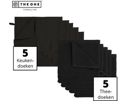 The One Towelling Keukentextiel set - 50 x 50 cm / 50 x 70 cm - 10 Delig - 5 Handdoeken & 5 Theedoeken - Voordeelverpakking - Katoen - Zwart