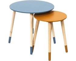 The Set van 2 salontafels, uittrekbaar, rond, tweekleurig, blauw/geel, hout, klein, 33 x 40 cm, hoogte 43 x 48 cm