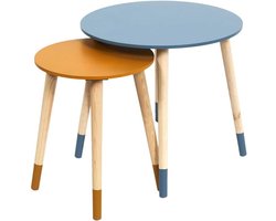 The Set van 2 salontafels, uittrekbaar, rond, tweekleurig, blauw/geel, hout, klein, 33 x 40 cm, hoogte 43 x 48 cm