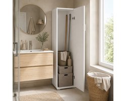 The White Stone Bezemkast Ruimtebesparend Wit Voorgemonteerd | Multifunctionele Kast met Verstelbare en Uitneembare Planken | Houten Wasruimte Kast met Deur en Pootjes