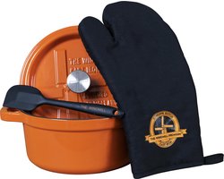 The Windmill Premium braadpan - 2 liter - 19,5 cm Ø - gietijzer - oranje - emaille - incl. deksel, ovenhandschoen en spatel