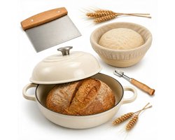 TheDutchChef - Gietijzeren Broodpan - Broodbakpan - Broodbakbol - Dutch Oven - 4,7L - Braadpan Ø26CM - Bakvorm - Rijsmand - Deegschraper - Deegmes - Voor Alle Warmtebronnen - Emaille - NL Handleiding