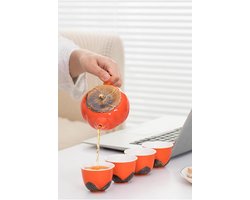 Thee Set - Theeservies Theepot met kopjes - Thee Ceremonie - Persimmon Ontwerp - 1 Pot 4 Cups - Oranje
