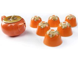 Thee Set - Theeservies Theepot met kopjes - Thee Ceremonie - Uniek Persimmon Ontwerp - 1 Pot 6 Kopjes - Oranje