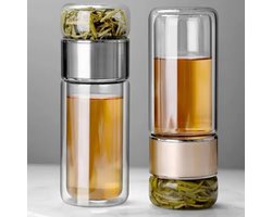 Thee Waterfles - Dubbelwandig Borosilicaatglas - Theefless - Met Theefilter - Theepot - Infuser Tumbler - Drinkwaren - 420ml