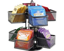 Theebox, 2 etages, draaibaar, organizer, afneembare theekist met 8 vakken, theezakjes, theehouder, theezakdozen van metaal, theeopslag, theeopbergdoos voor theezakjes, doos, zwart