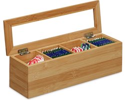 Theebox - bamboe - smal - 4 vaks - 9x30x9cm - doorzichtige deksel - klein
