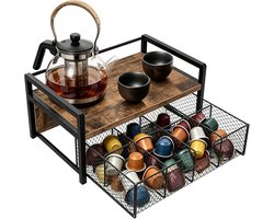 Theebox met lade en 8 vakken voor theezakjes, houten en metalen organizer voor keuken en koffiebar, ideaal voor theeopslag en sorteren van kruiden
