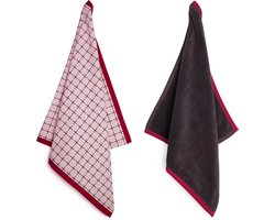 Theedoek en Handdoek Set - Vivid - Roze - Donkerrood - Rood - Biologisch Katoen