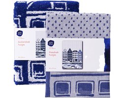 Theedoek en keukendoek set - Grachtenpand - Delfts blauw - Hollandse cadeautjes - Holland souvenir
