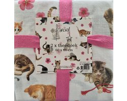 Theedoek Francien - Franciens katten - 60 x 60 cm 2 stuks - katten theedoeken met roze bloemen - Francien poezen
