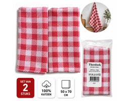 Theedoek Set van 2 – 50x70 cm – 100% Katoen – Rood/Wit Geruit – Sterk Absorberend – Keukendoeken – Droogdoek – Theedoeken Keuken