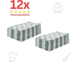 Theedoeken - Horeca Kwaliteit - Katoenenen Theedoeken set - 12 x - Groen Wit - Ophang Lus