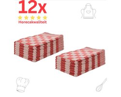 Theedoeken - Horeca Kwaliteit - Katoenenen Theedoeken set - 12 x - Rood Wit - Ophang Lus