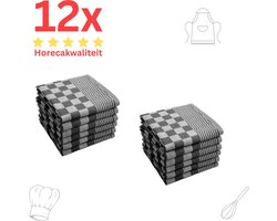 Theedoeken - Horeca Kwaliteit - Katoenenen Theedoeken set - 12 x - Zwart Wit - Ophang Lus