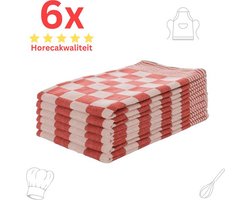 Theedoeken - Horeca Kwaliteit - Katoenenen Theedoeken set - 6 x - Rood Wit - Ophang Lus
