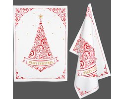 Theedoeken – Kerst – Set van 2 – Rood – Wit – Goud – Merry Christmas – 50 x 70 cm