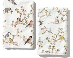 Theedoeken met vogel- en bloemenprint, set van 2, 40 x 60 cm, ideaal voor keuken, badkamer en schoonmaakwerkzaamheden