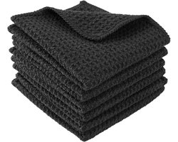 Theedoeken set van 6 stuks zwart 20x20 cm - Microvezel wafelstructuur - Absorberende katoenen wafeldoeken - Zachte barista-doek voor keuken, raam, glas