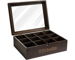 Theedoos 12 vakken - Bamboe - Houten Theedoos met Plexiglas - Magneetsluiting - Donker Bruin - Kitchello