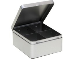 Theedoos - 4-vaks - metaal - 15x13x7 cm - theekist - zilverkleurig