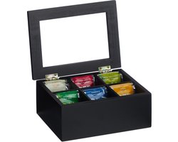 theedoos- 6 vaks - bamboe - 9x21,5x16 cm - met deksel - zwart