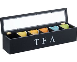 Theedoos 6 vaks - theedoos zwart - 43x9x8.7 cm - Opbergdoos voor thee & theezakjes & koffiecapsules - Klapdeksel - Houten doos met compartimenten