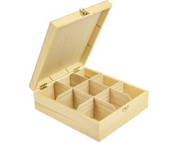 Theedoos 9 vaks - Clipsluiting - Ruimevakken - Theedoos - Theekist- 9 vakken - 100% grenen