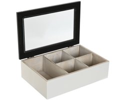 Theedoos Fusion - 6-vaks - wit / zwart - hout - 23 x 15 x 7 cm - doorzichtige deksel - theezakjes opbergen