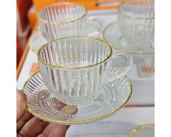 Theeglazen - 240 ml - goud rand - 6stuks met onderzetter - Koffieglazen - Theeglas met oor - Theeglas - Cappuccino glazen - Latte macchiato glazen - Koffieglas met oor - Theeglazen met oor - Koffieglazen met oor
